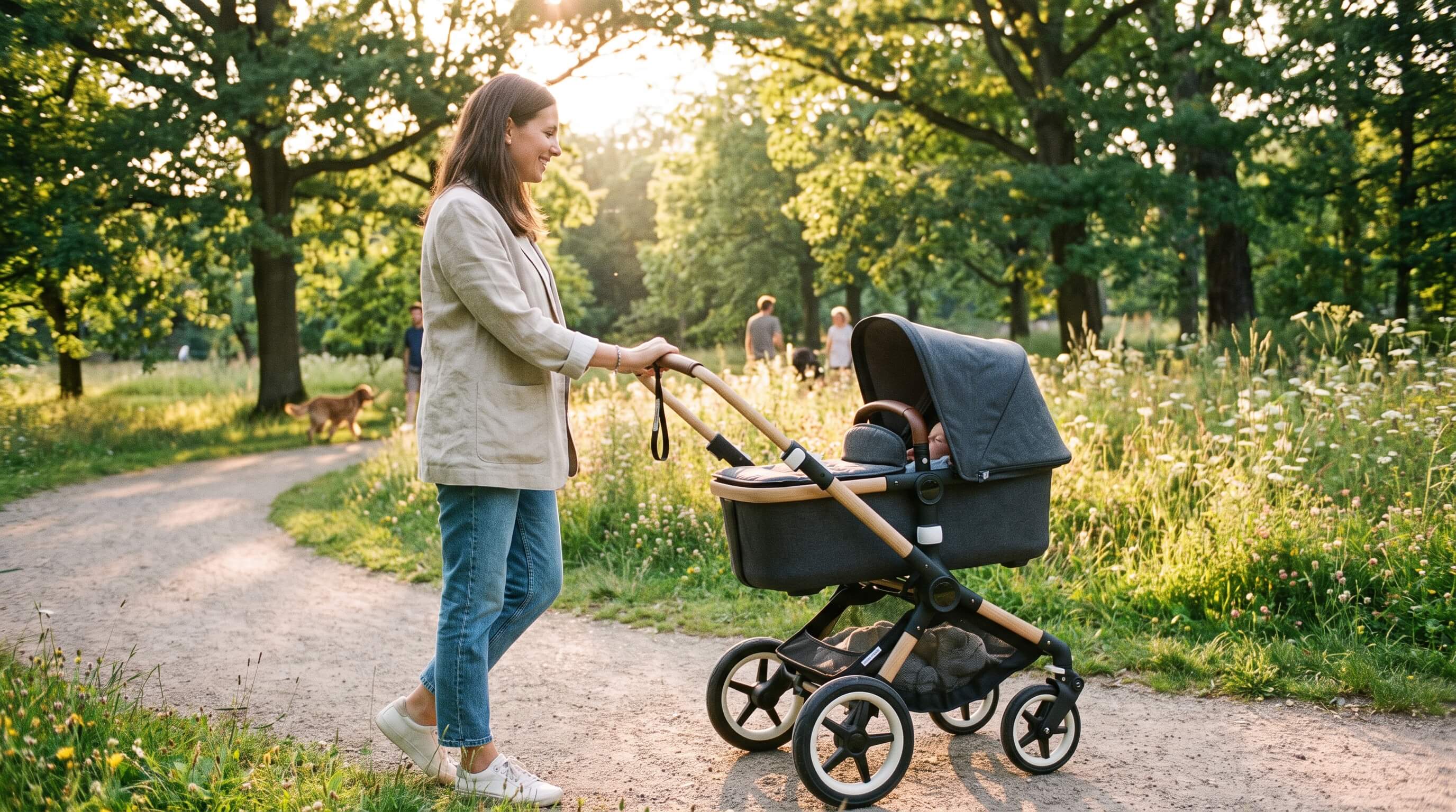 Părinte care împinge un cărucior modern de copii pe alee în parc, lumină naturală, design premium